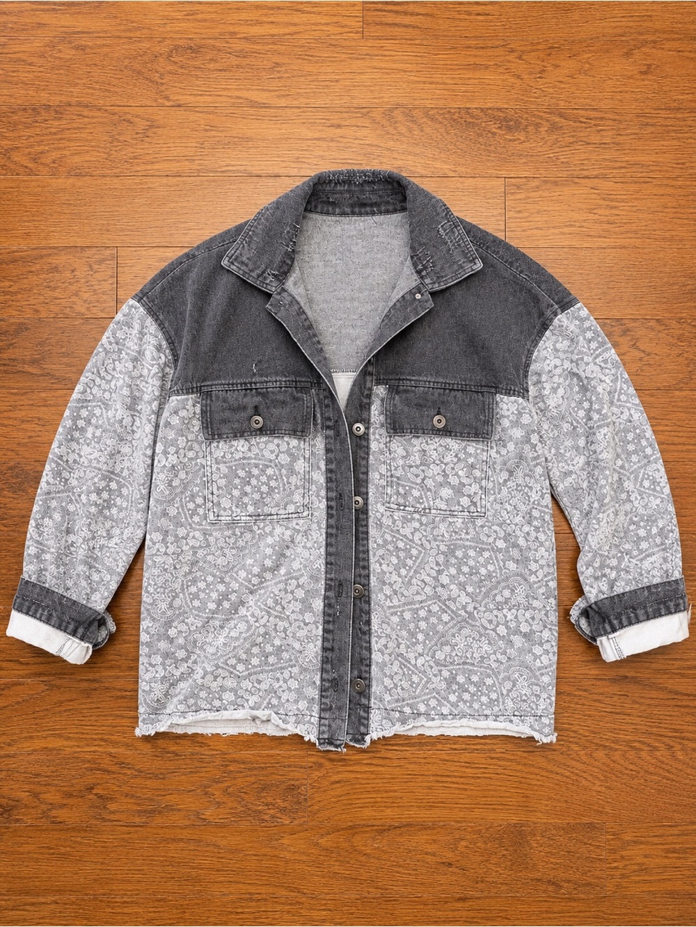 Two-Tone Grey Bandana Print Denim Shirt Jacket